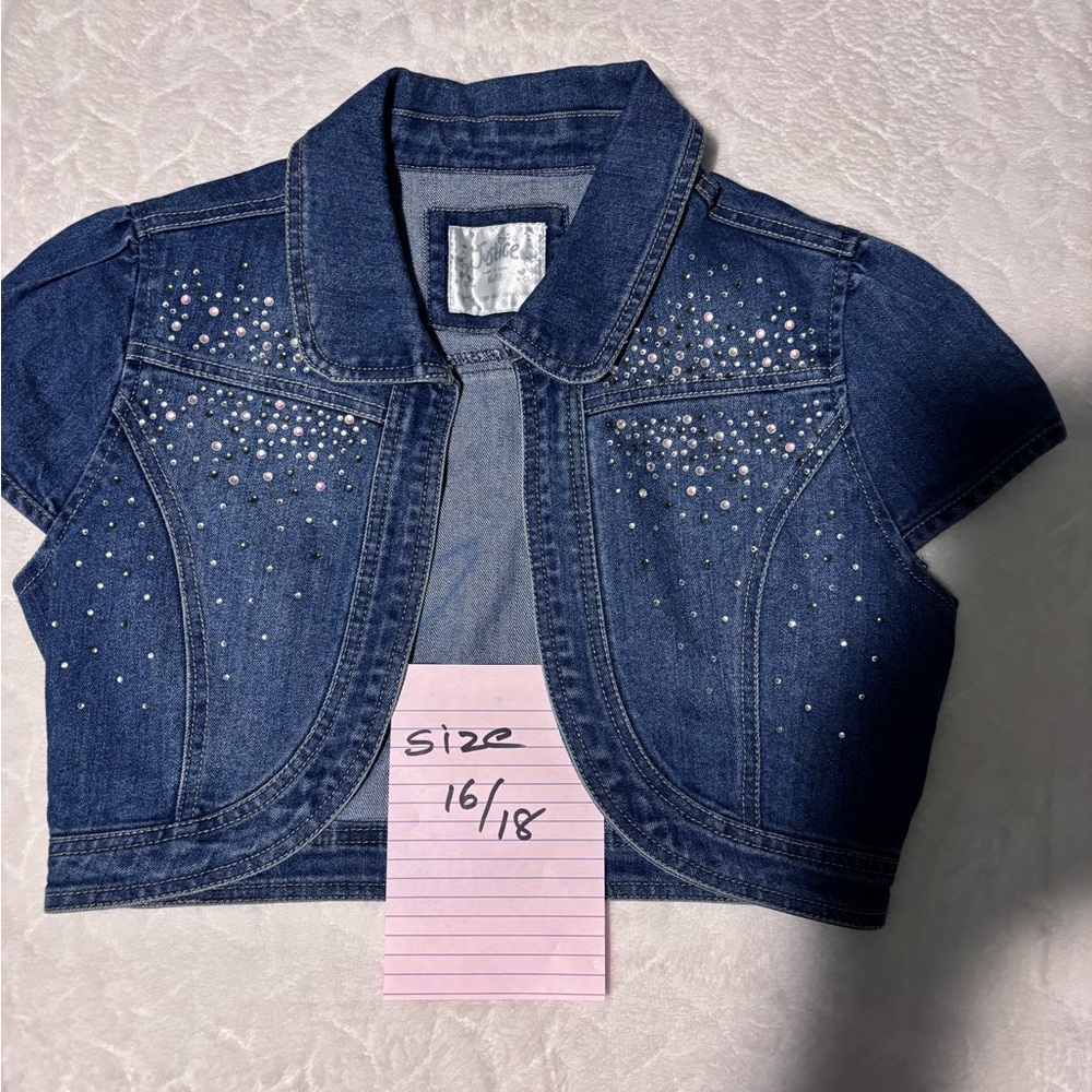 Justice Dark Blue Denim Bolero Jacket with Rhinestones